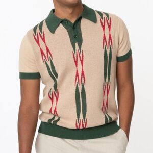 Collectif Pablo Marylebone Jacquard Knit Polo Shirt Tan Green Retro 50s-M